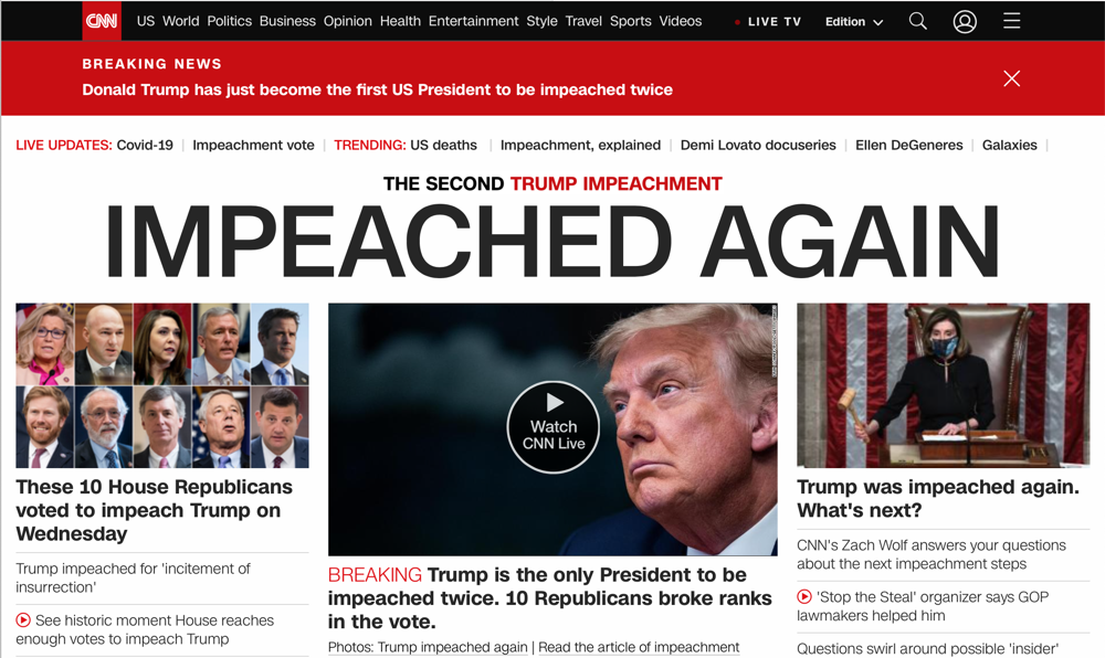 Screenshot of CNN announcing Trump's second impeachment