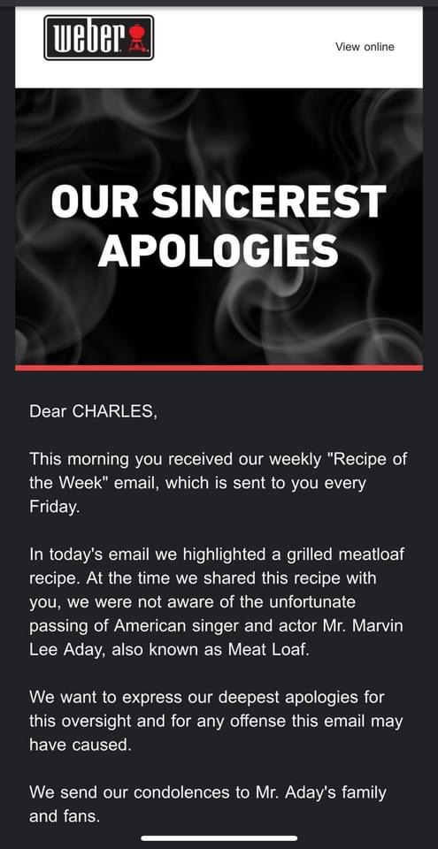 Screenshot of a Weber email apologizing for sending the BBQ meatloaf recipe on the same day that recording artist Meat Loaf died.