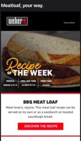Screenshot of a Weber “recipe of the week” email with a recipe for BBQ meat loaf.