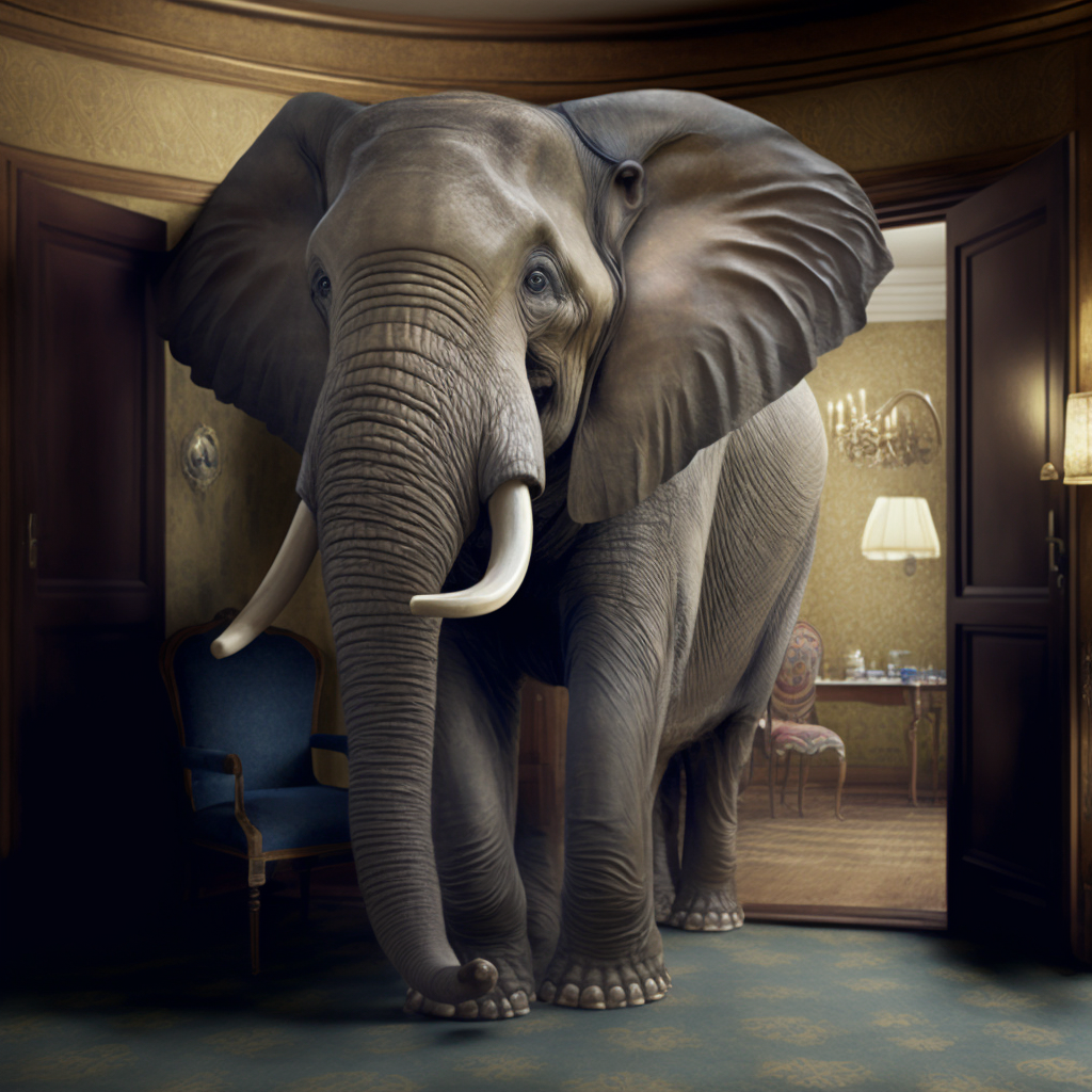 An AI generated image of an African elephant standing in what appears to be a Victorian sitting room.
