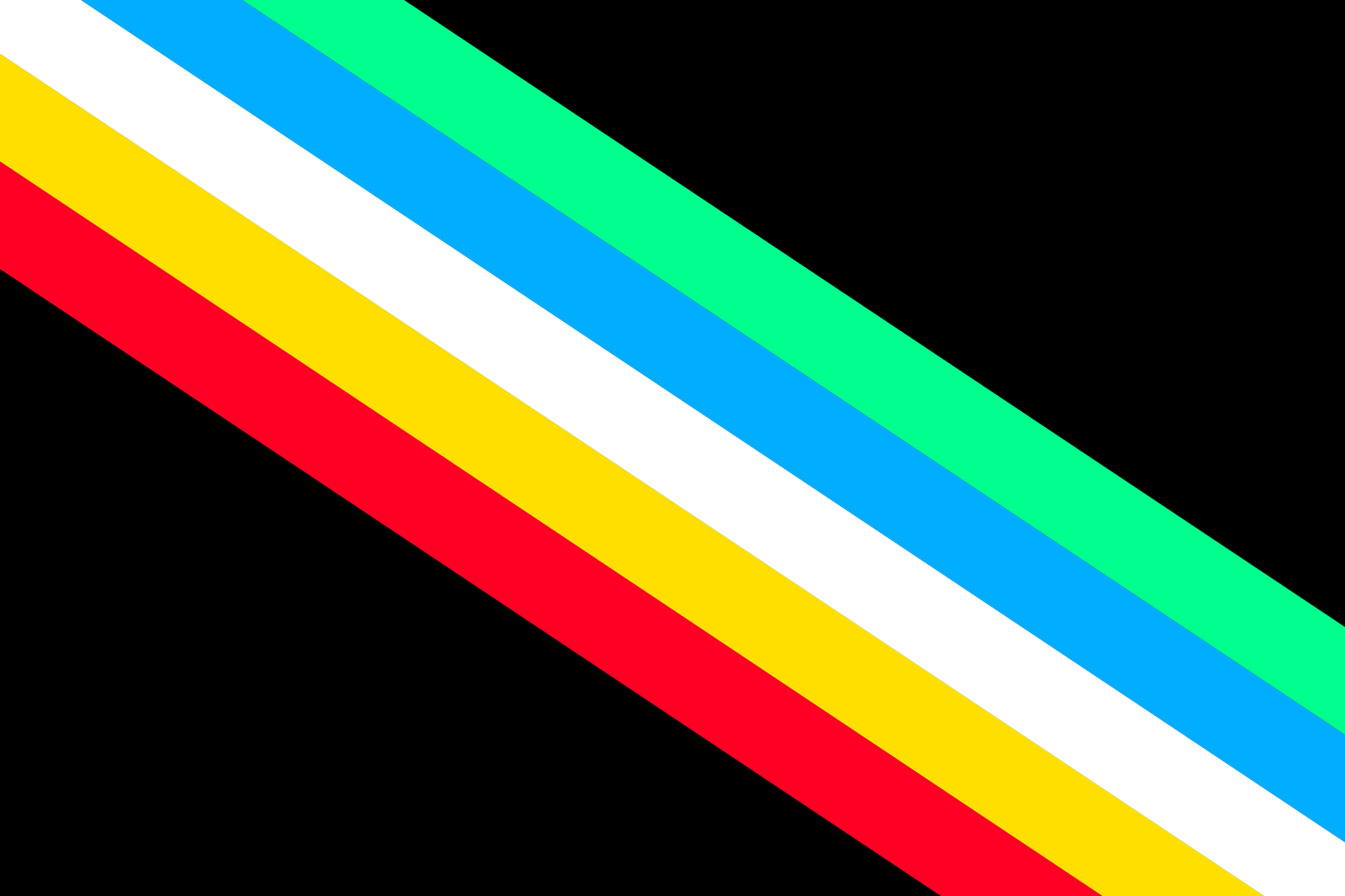 A black field with a diagonal stripe running from the top left to bottom right in green, blue, white, yellow, and red.