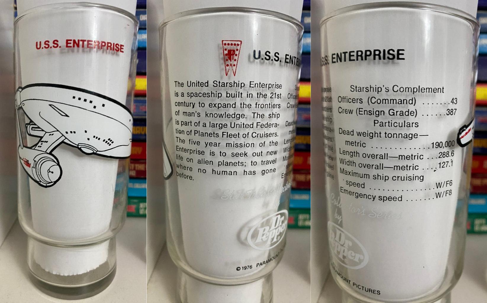 A photocollage of the front and back of the Enterprise glass, with a piece of white paper placed inside the glass to make the artwork easier to view.