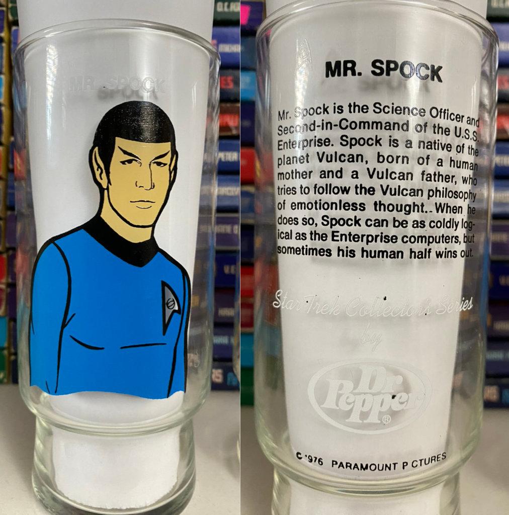 A photocollage of the front and back of the Spock glass, with a piece of white paper placed inside the glass to make the artwork easier to view.