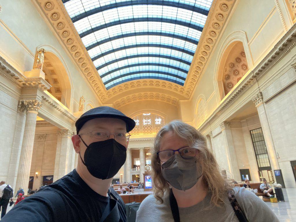 Me and my wife, both wearing masks, in the lobby of Chicago’s Union Station.