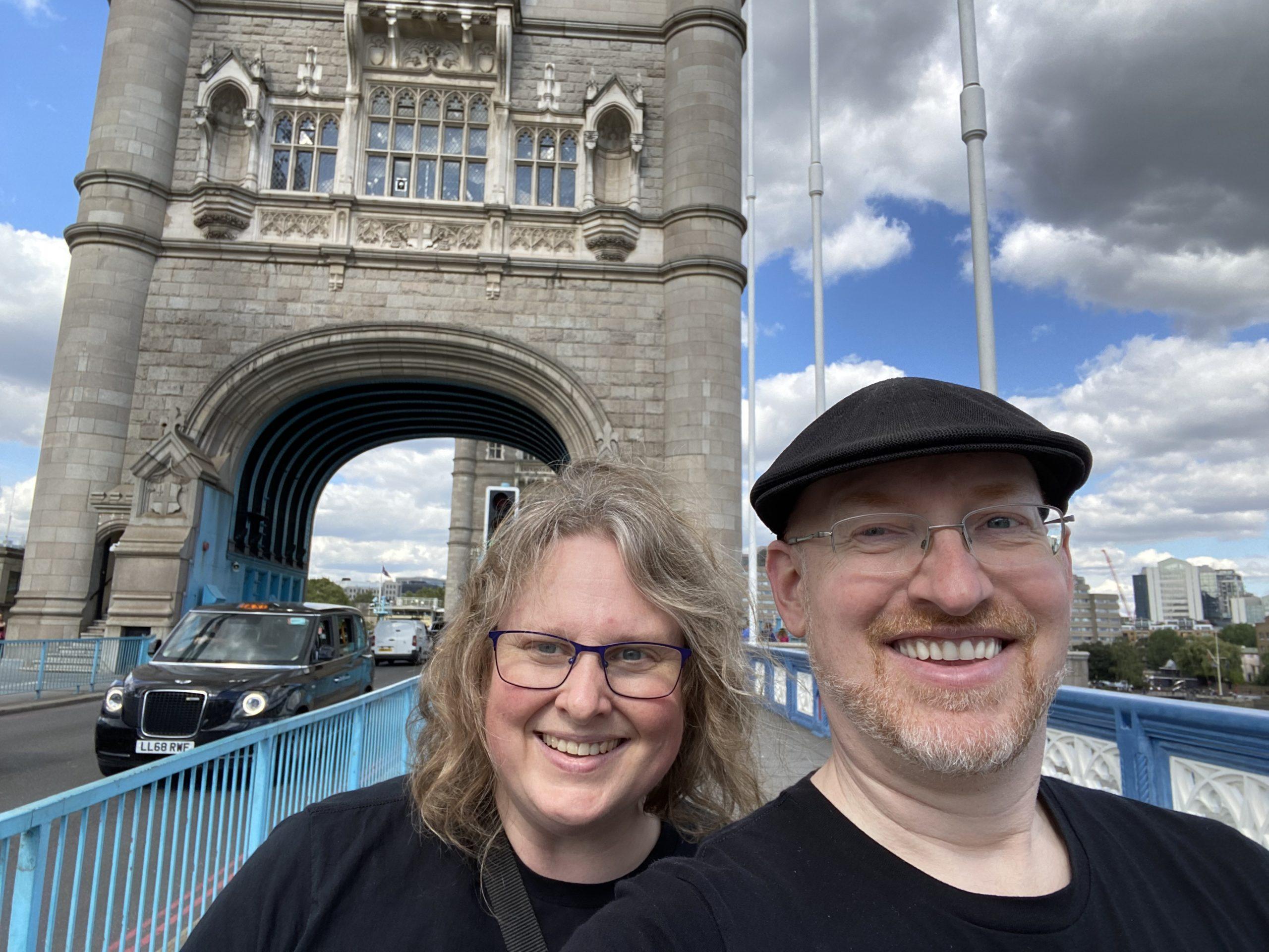 My wife and I midway across Tower Bridge.
