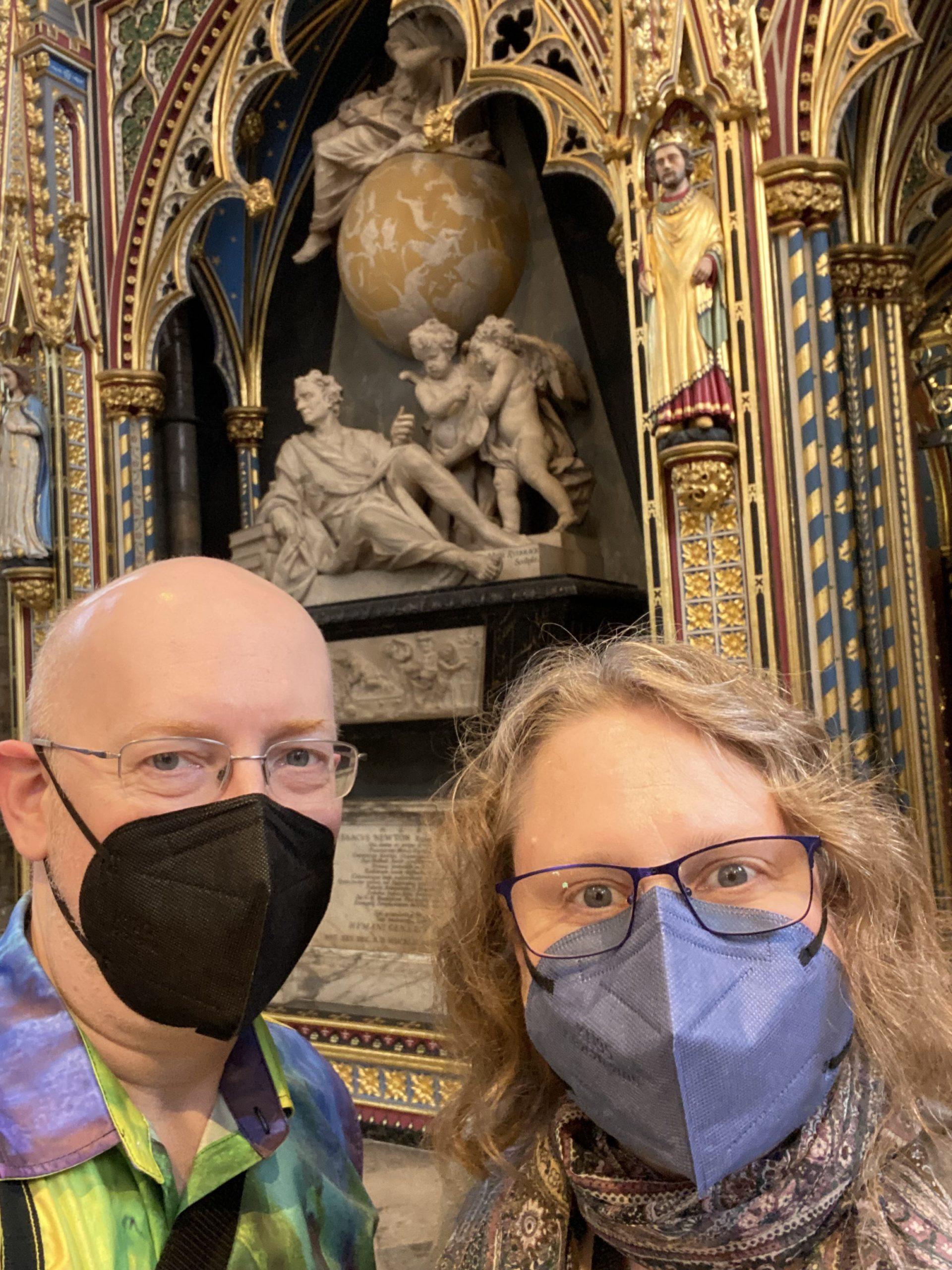 My wife and in front of Isaac Newton's very ornate tomb in Westminster Abbey.