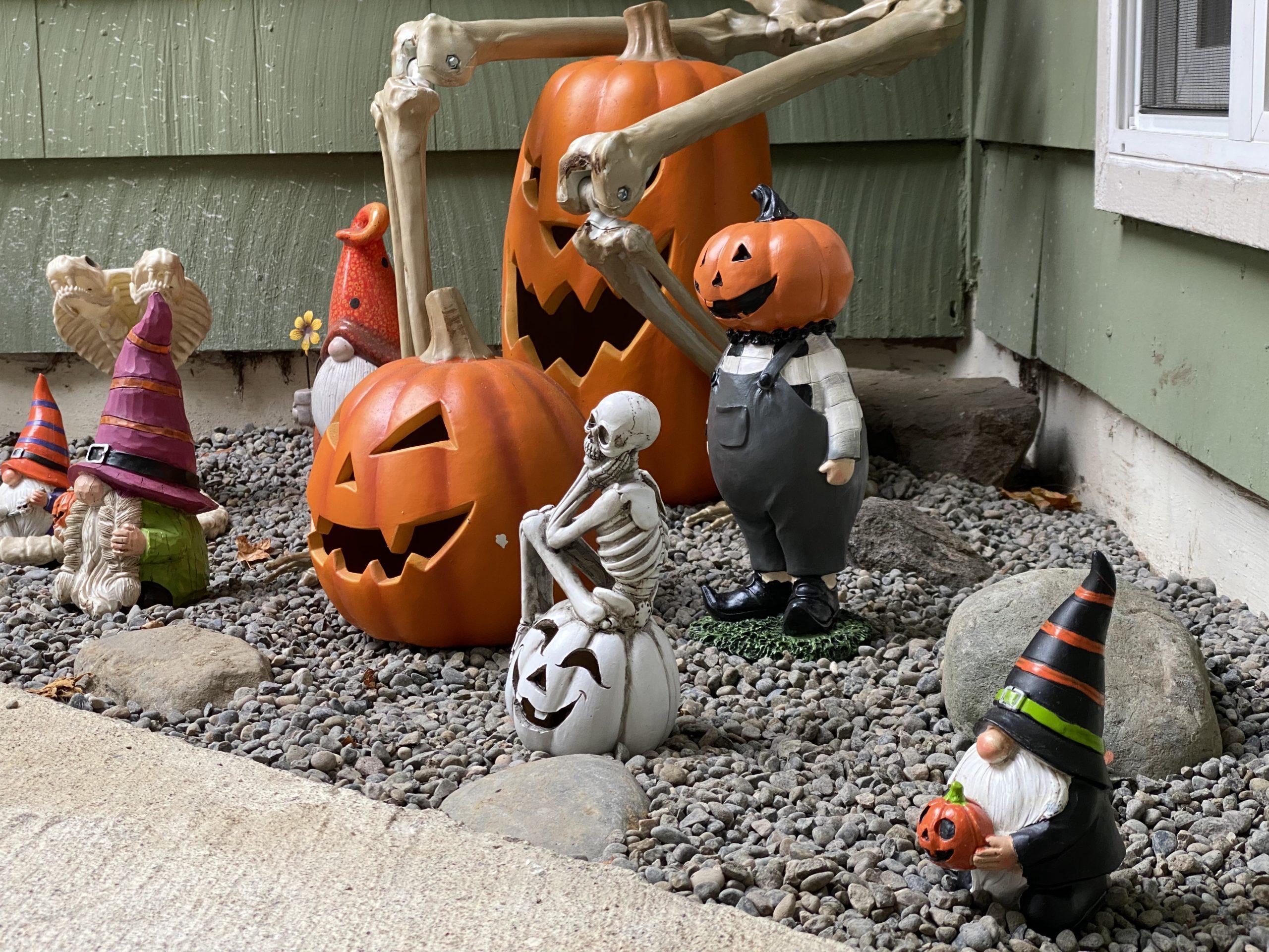 A section of our decorations, including jack-o-lanterns, a pudgy figure in overalls with a jack-o-lantern for a head, a skeleton sitting on top of a jack-o-lantern, and a gnome holding a pumpkin.