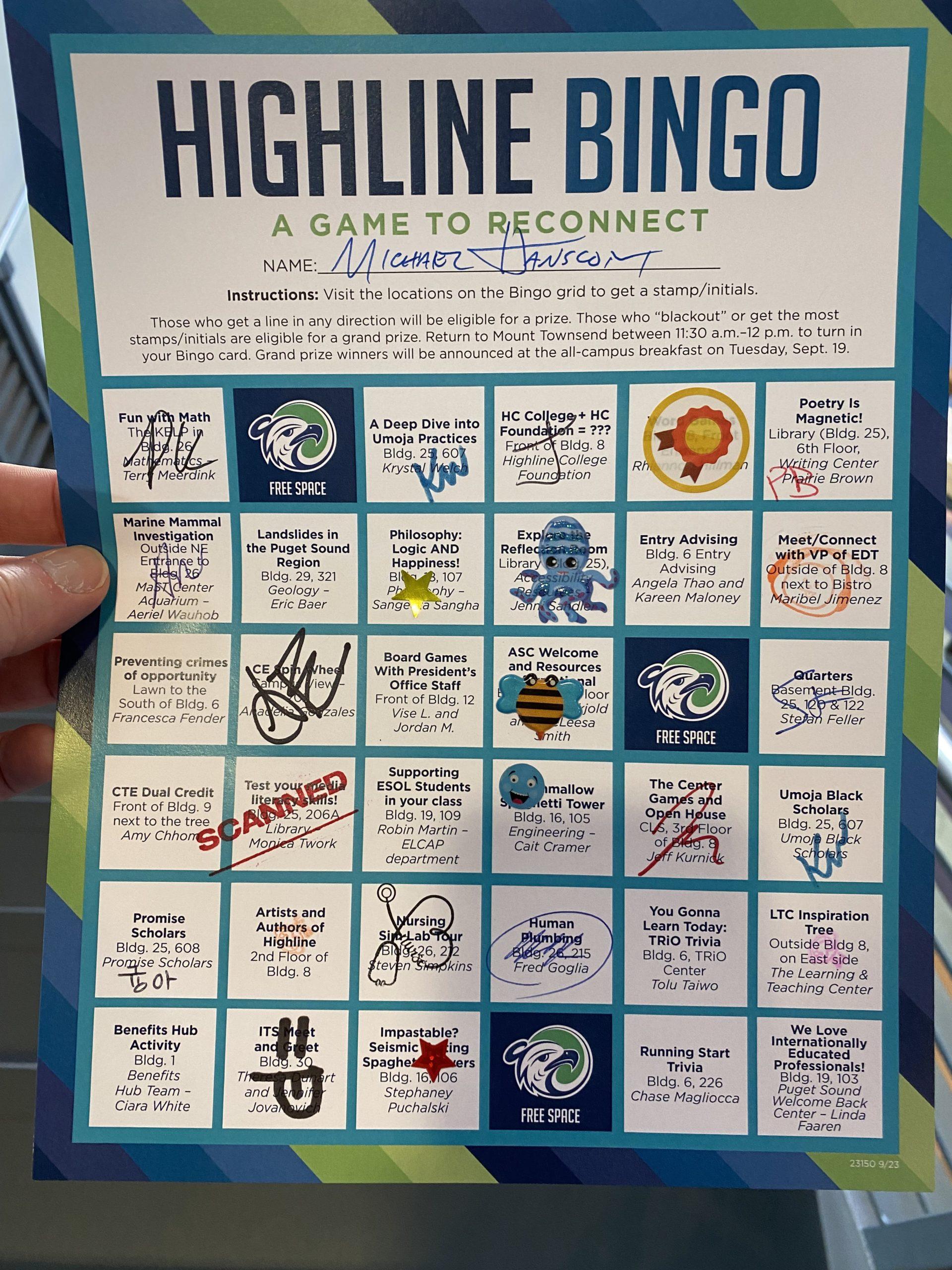 A paper titled Highline Bingo with a six by six grid of squares, each listing a different department to visit. Many of the boxes are marked with stickers, stamps, or pen marks. One horizontal and one vertical row are completed.