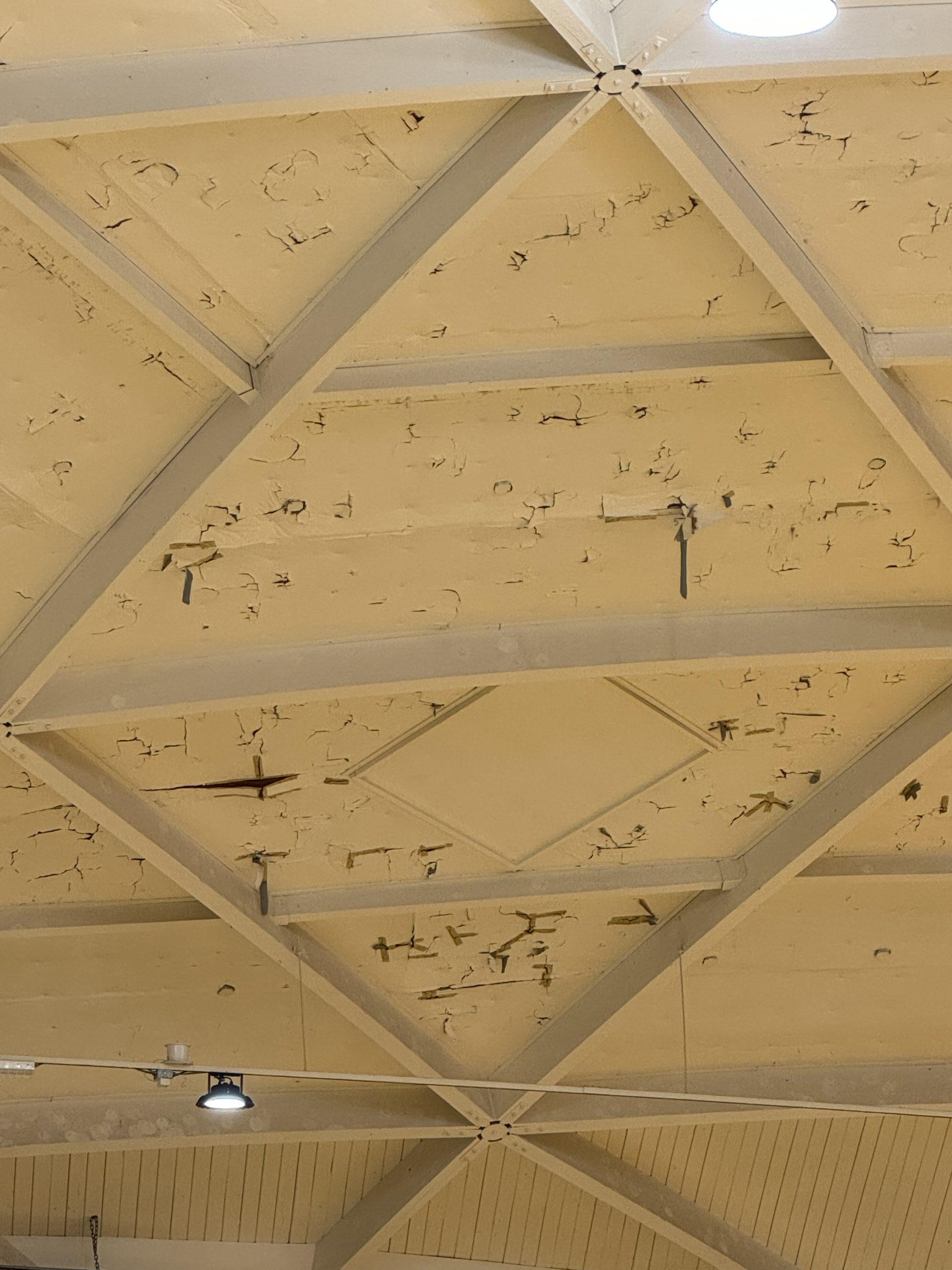 A section of the ceiling with lots of cracks and sections very visibly peeling away from the ceiling.