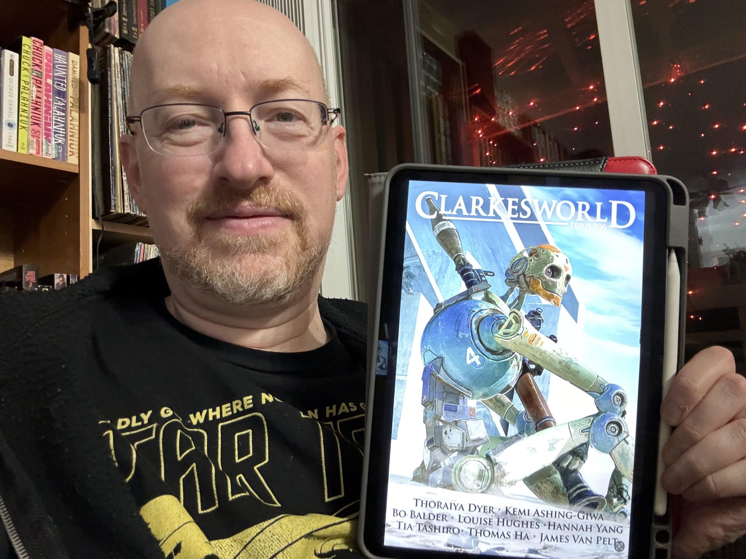 Me holding Clarkesworld Issue 206 on my iPad