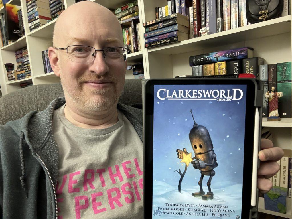 Me holding Clarkesworld Issue 207 on my iPad