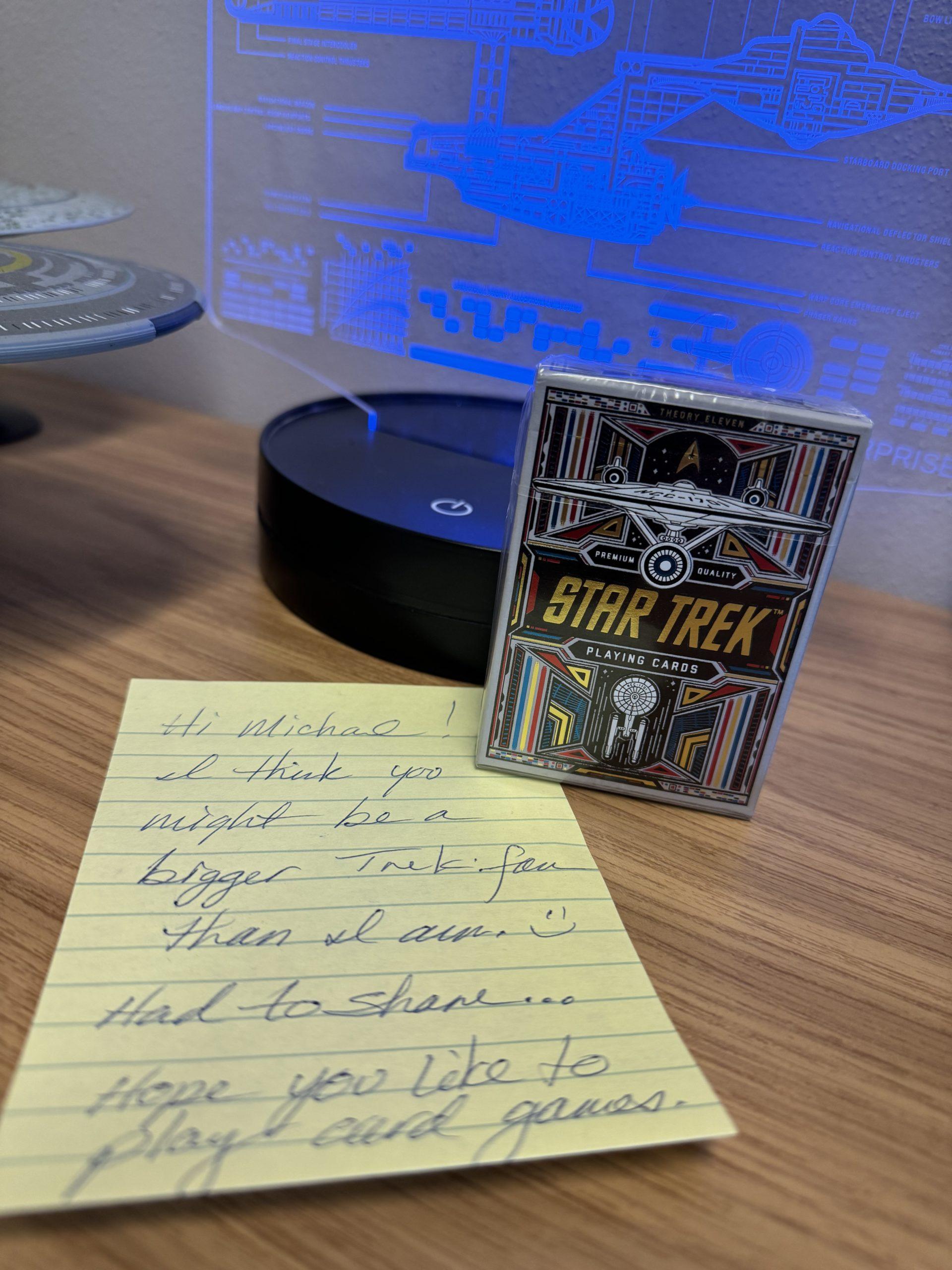 A Star Trek themed deck of playing cards, with a friendly note from the sender.