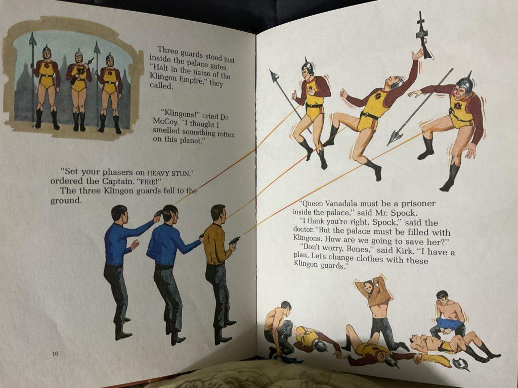 A two-page spread of Kirk, Spock, and McCoy discovering Klingons, stunning them, and stealing their uniforms to use as disguises. The Klingons look like generic white men, and their uniforms look like yellow and red gymnastic outfits, with pointed shiny helmets, and they carry spears.