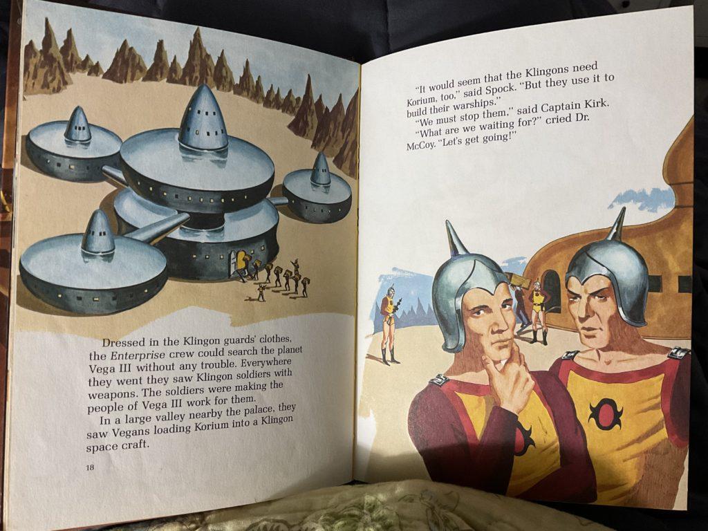 Another two-page spread. Our heroes find a Klingon ship being loaded with loot; the ship looks like the space station K-7 from “The Trouble With Tribbles”.