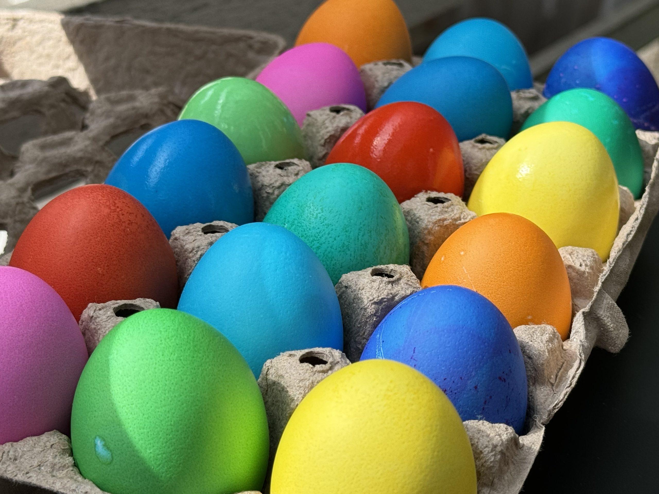 Eighteen freshly dyed eggs in bright red, yellow, pink, greens, and blues, in an egg carton in the sun.