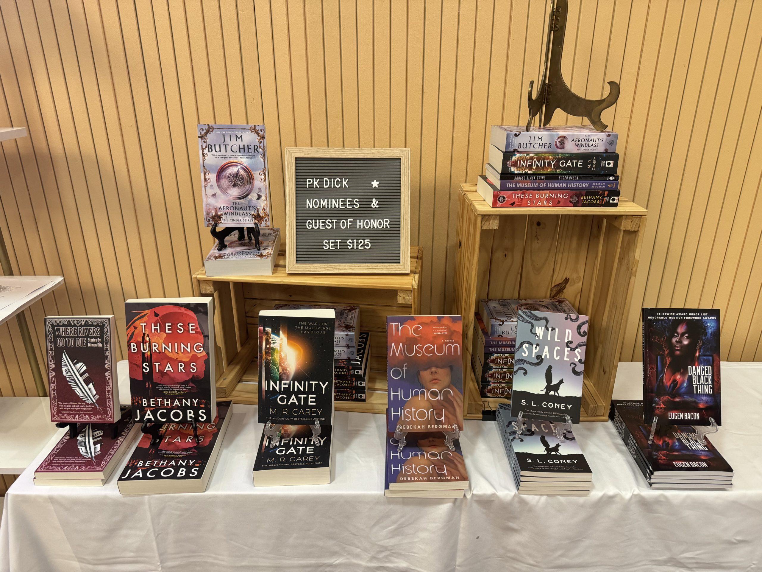 A book display for all six nominated works for this year's Philip K Dick award.