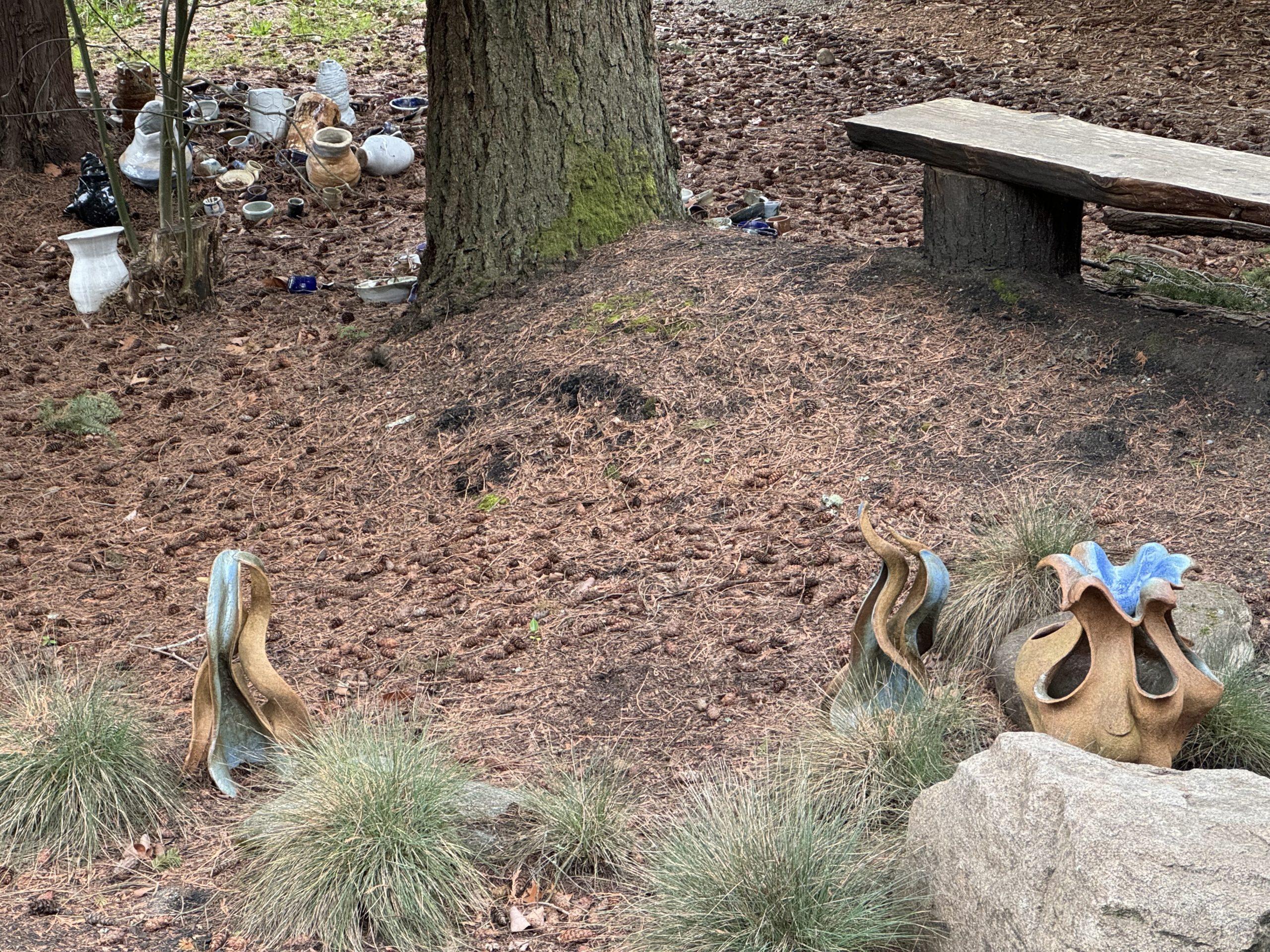 Three abstract plant-like pottery pieces in the foreground, with a grouping of vases visible near the base of a tree in the background.