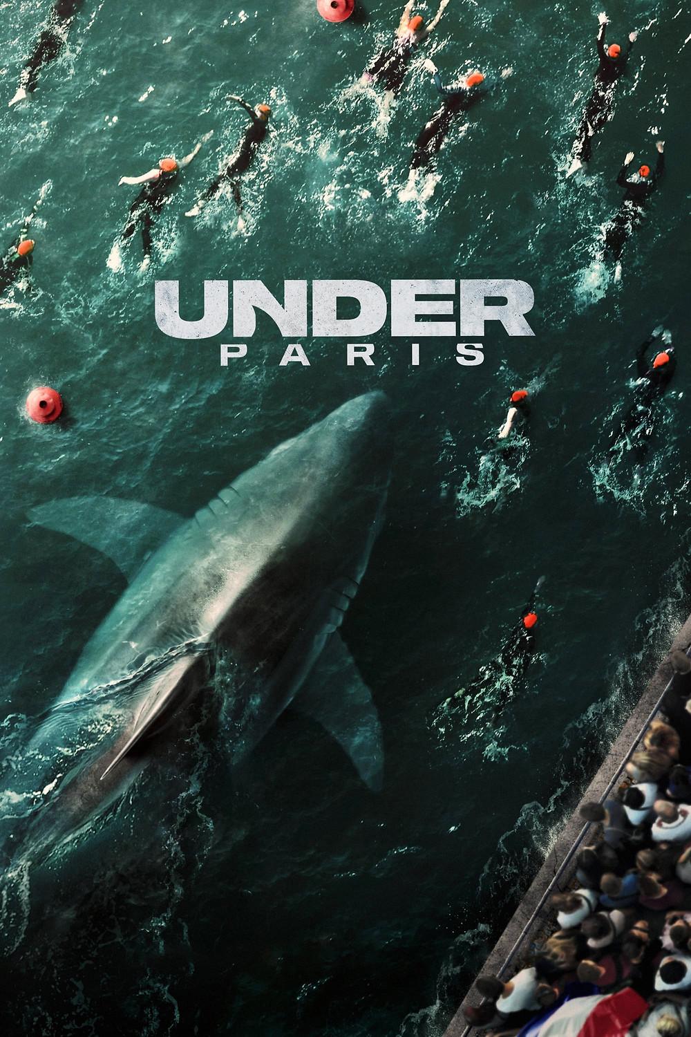 The Under Paris poster, showing a giant shark swimming amongst a group of river swimmers as spectators look on.