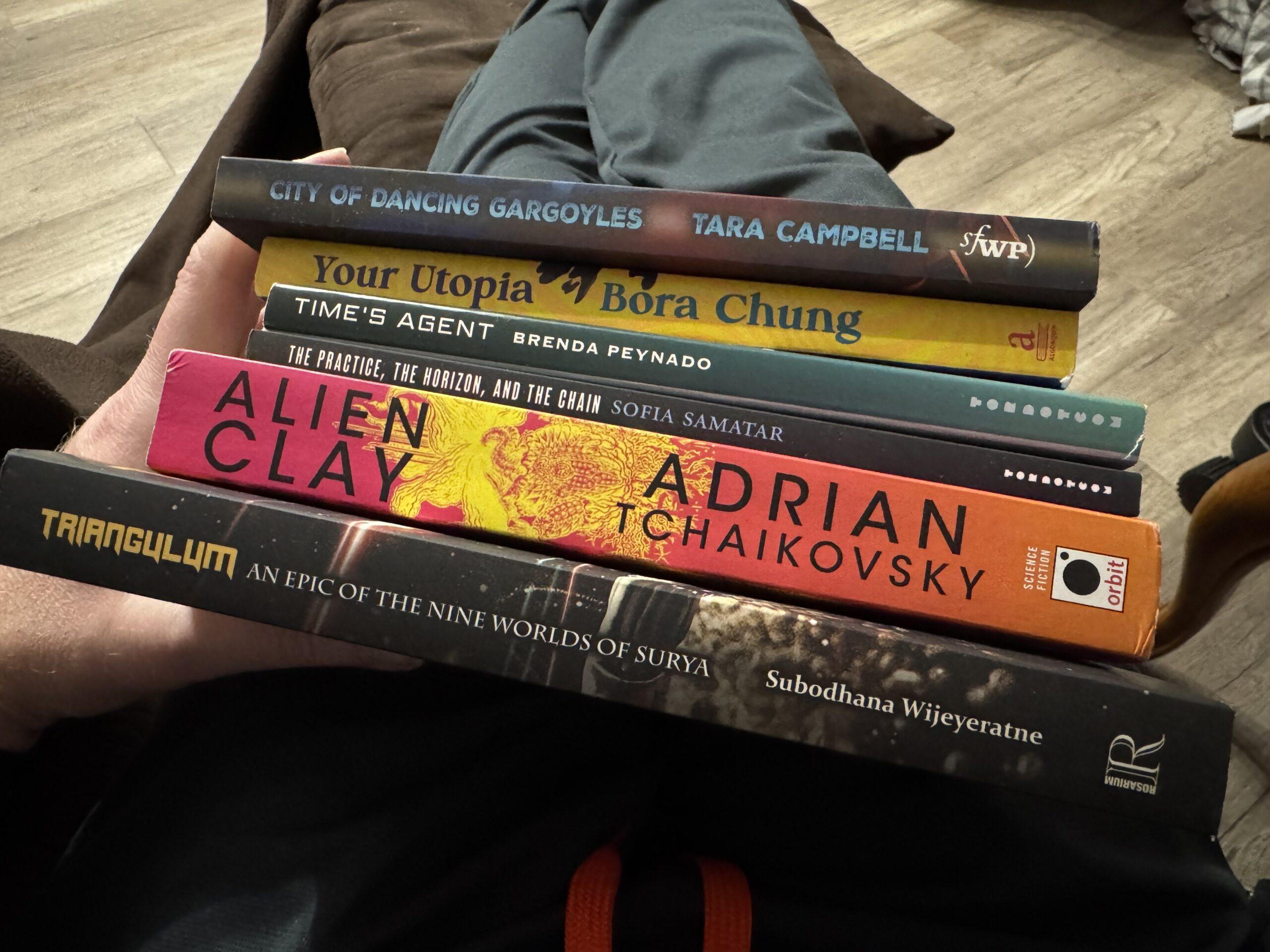 A stack of six books on my lap, showing the tiltes on the spines.