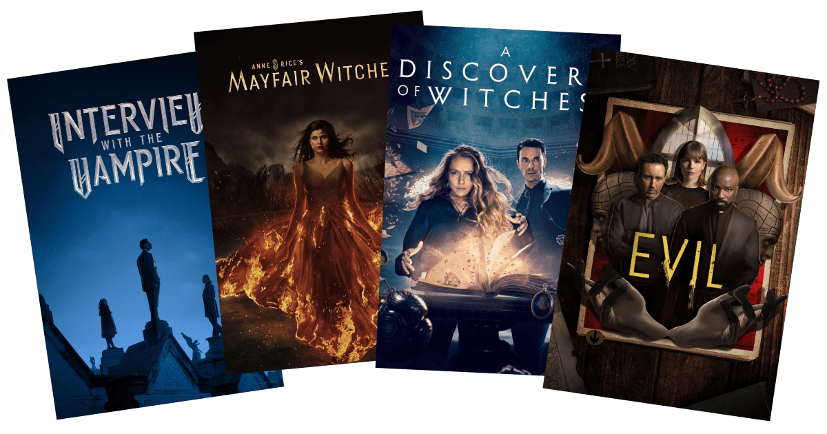 TV show posters for Interview With the Vampire, Mayfair Witches, A Discovery of Witches, and Evil.