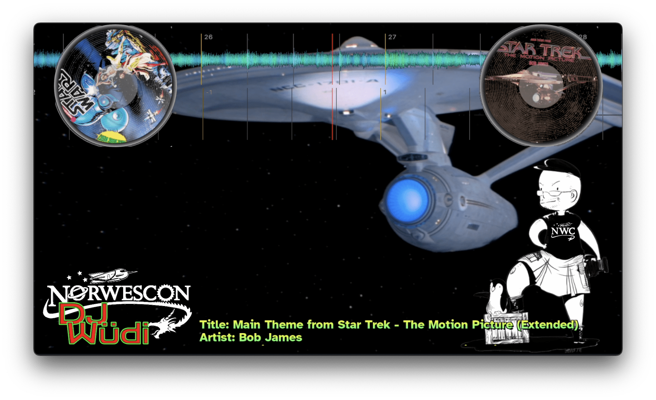 Video still showing Star Trek's Enterprise behind graphics of audio being played.