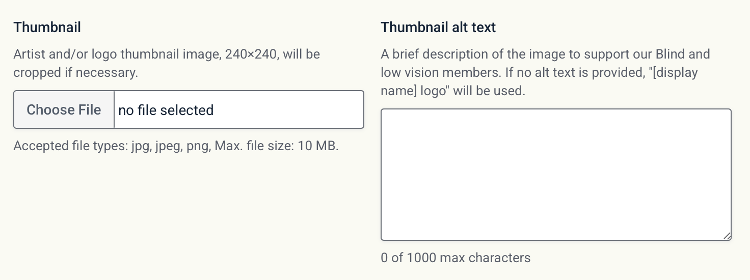 Screenshot of a section of a website form. On the left is an option to upload a logo image, on the right is a text box asking for alt text. The prompt reads, 'A brief description of the image to support our Blind and low vision members. If no alt text is provided, '[display name] logo' will be used.' The field is limited to 1000 characters.