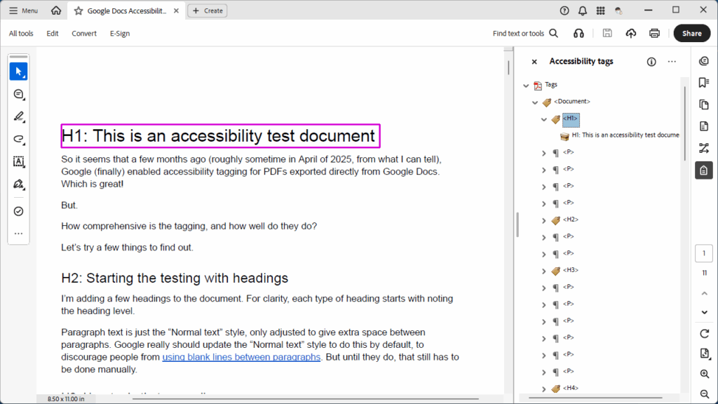 Acrobat Pro displaying a document titled 'this is an accessibility test document' with the tags pane open to the right and the first line of the document selected and highlighted with a purple box.