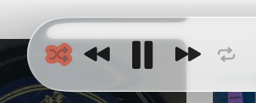 The left side of the audio control bar in Apple's Music player under Tahoe, with the shuffle icon highlighted in red with a very harsh, hard-edged glow with no fade. It looks really ugly.