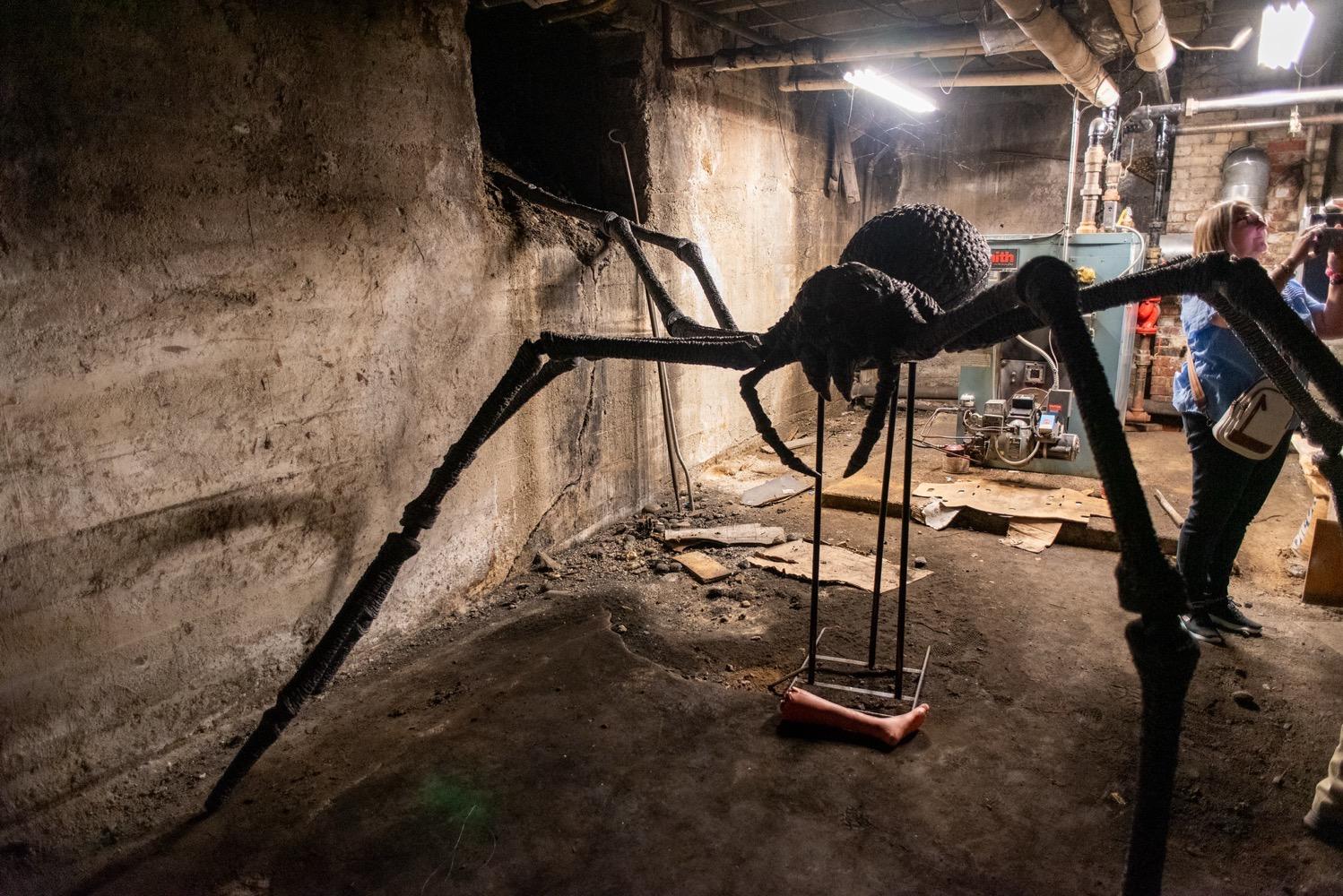 A dimly-lit basement with a gigantic spider sculpture.