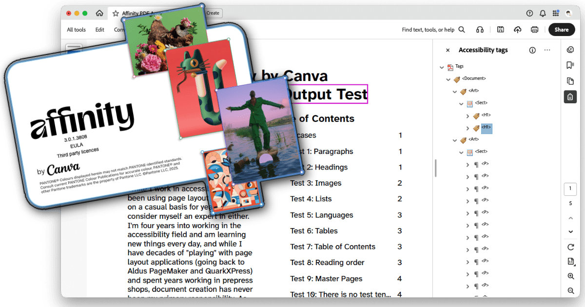 The Affinity by Canva splash screen over an Adobe Acrobat window with an open PDF document.