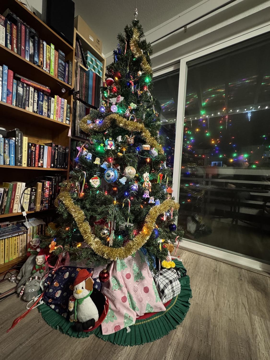 A low-angle shot of a decorated Christmas tree and presents in front of a bookcase and sliding glass door, through which strings of lights can be seen on a back balcony.