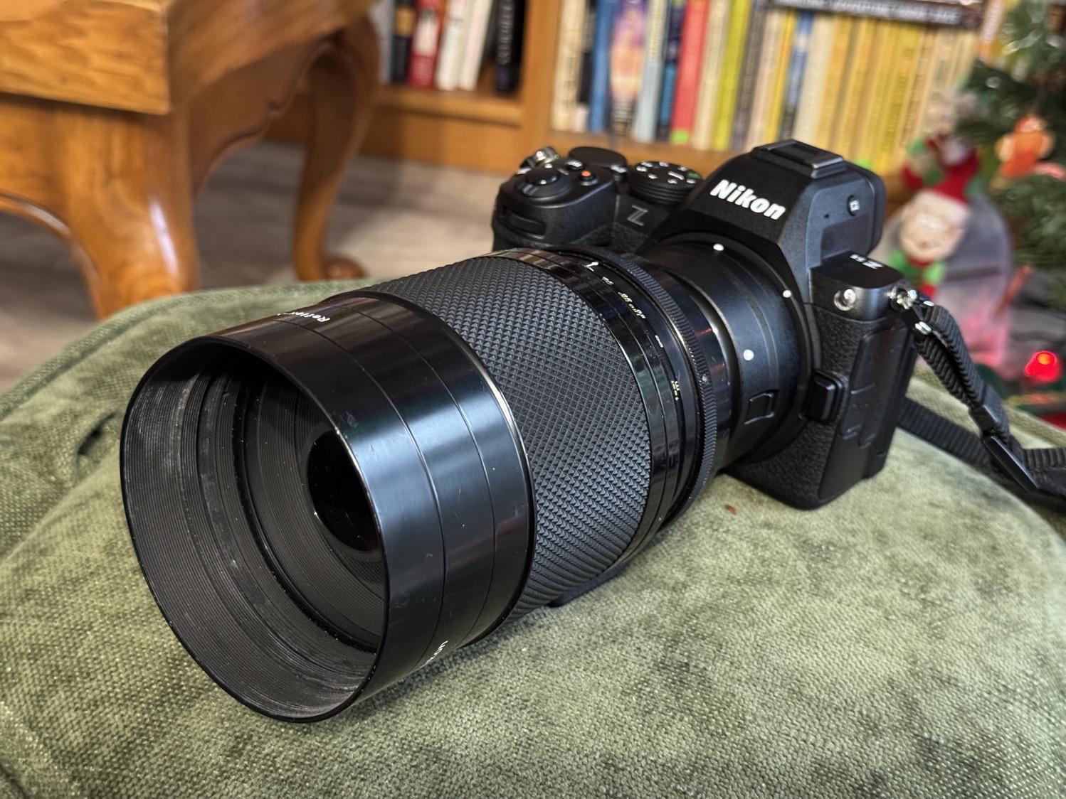 A Nikon Z5II with an old 500mm reflex lens attached.