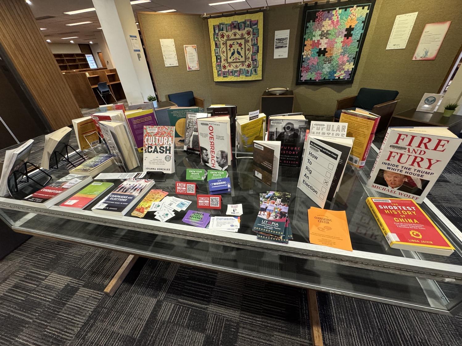 IMG_5584.jpeg More books on display, including books on Nazi Germany, political campaining, one called How to Rig an Election, one called Fire and Fury: Inside the Trump White House, plusy resource flyers and multilingual Know Your Rights cards.