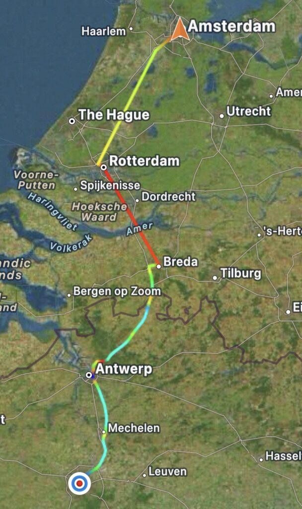 GPS track log of our route from Amsterdam, through Rotterdam, Breda, and Antwerp, and ending in Brussels.