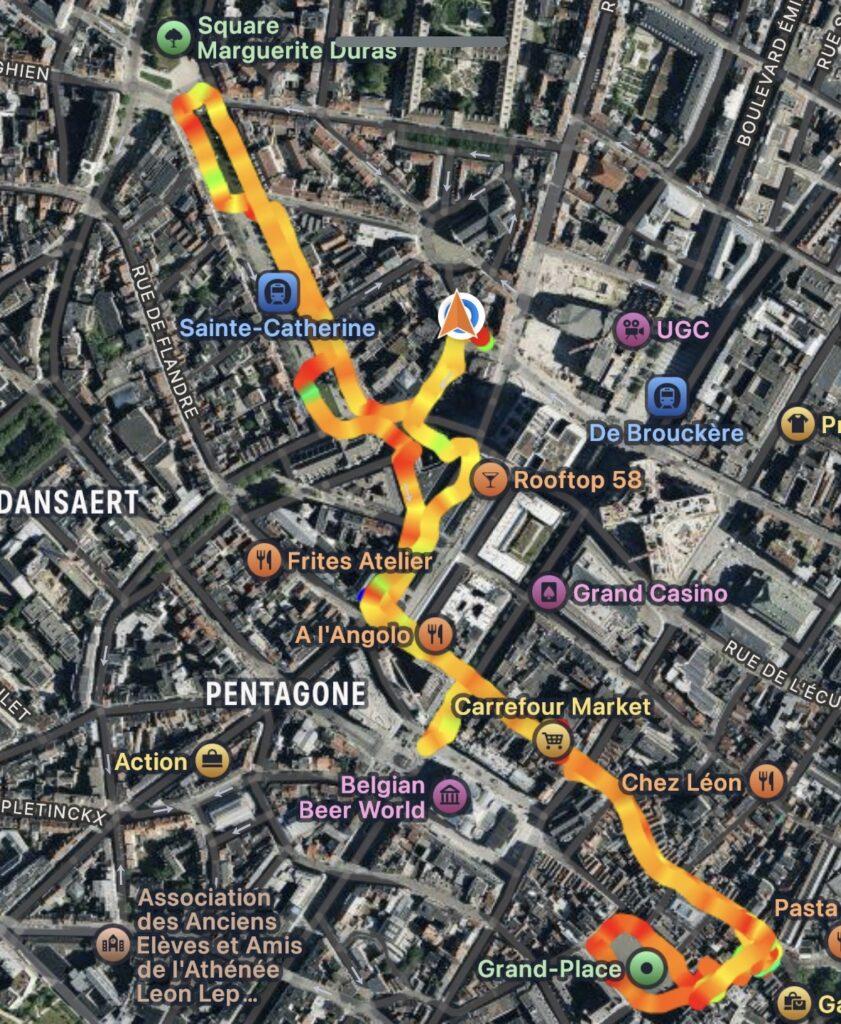 GPS track log of our first evening’s wandering around central Brussels.