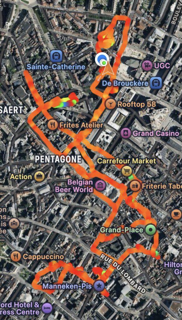 GPS track log map of our day wandering around central Brussels.
