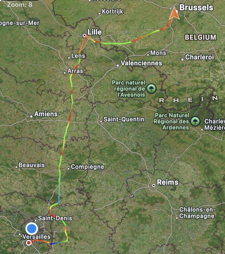 GPS track log map of our journey from Brussels to Paris.