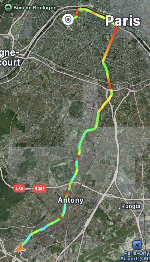 GPS track log map of our local train and cab rides from the outskirts of Paris to our hotel just off the Champ de Mars.