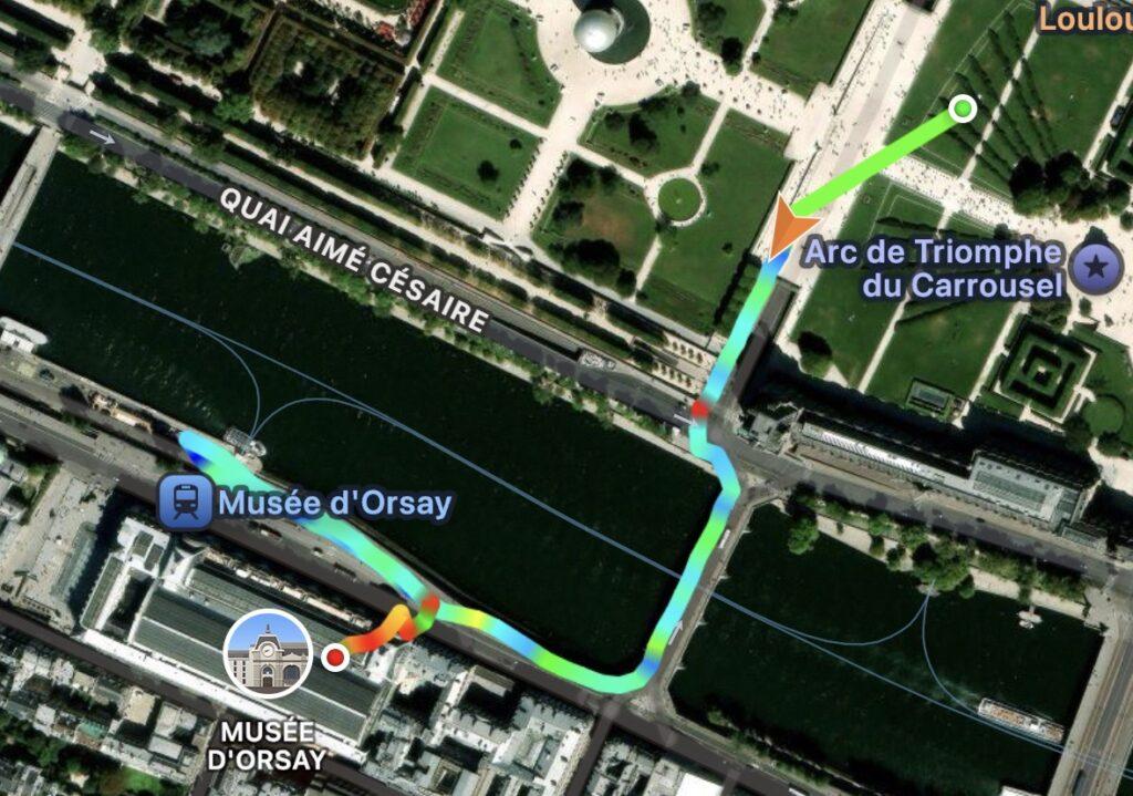 GPS track log map of our walk across the Seine from the Louvre to the Orsay.