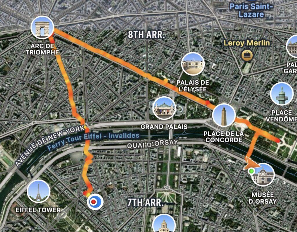 GPS track log map of our walk down the Avenue de Champs-Élisée to the Arc de Triomphe and then back to our hotel.