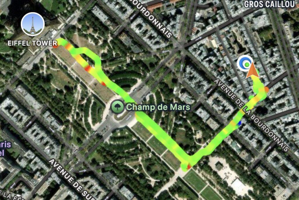 GPS track log map of our walk over to the Champ de Mars and the Eiffel Tower.