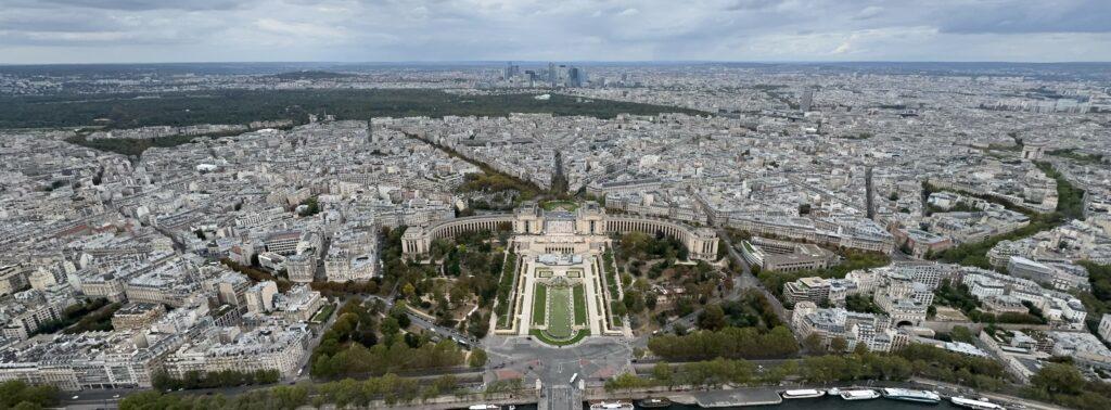 Panoramic view of Paris from the Eiffel Tower, looking northwest towards the Place du Trucadero.