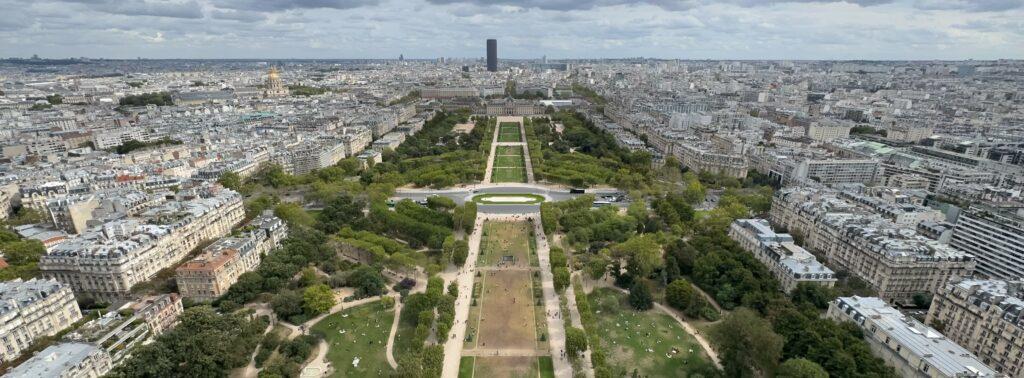 Panoramic view of Paris from the Eiffel Tower, looking Southeast toward the École Militaire.
