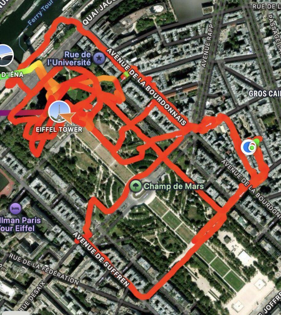 GPS track log map of our wandering around the Champ de Mars and surrounding streets.