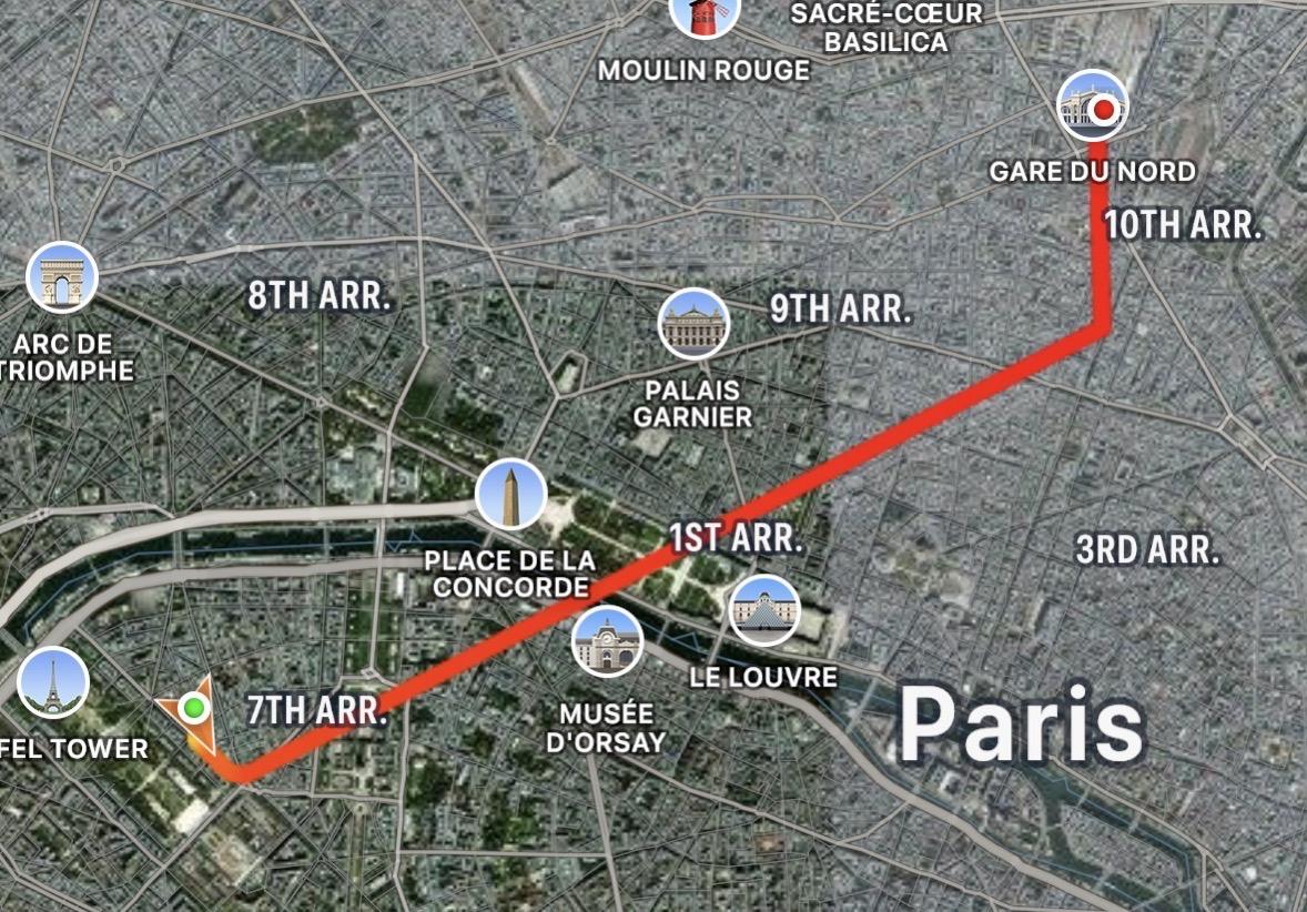 GPS track log map of our Paris train ride from our hotel to the Gare du Nord train station.