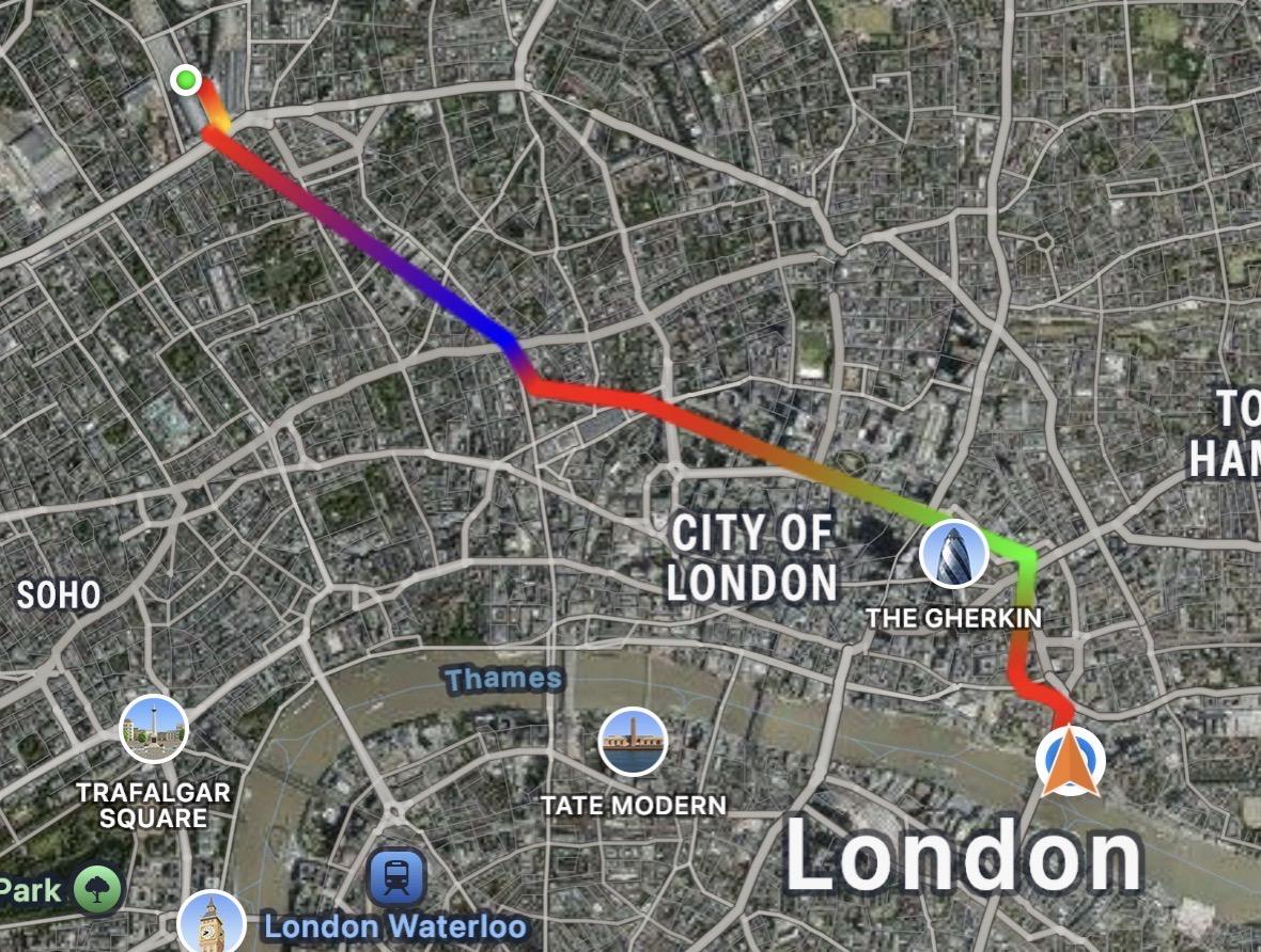 GPS track log map of our London Underground trip from the St. Pancras train station to our hotel.