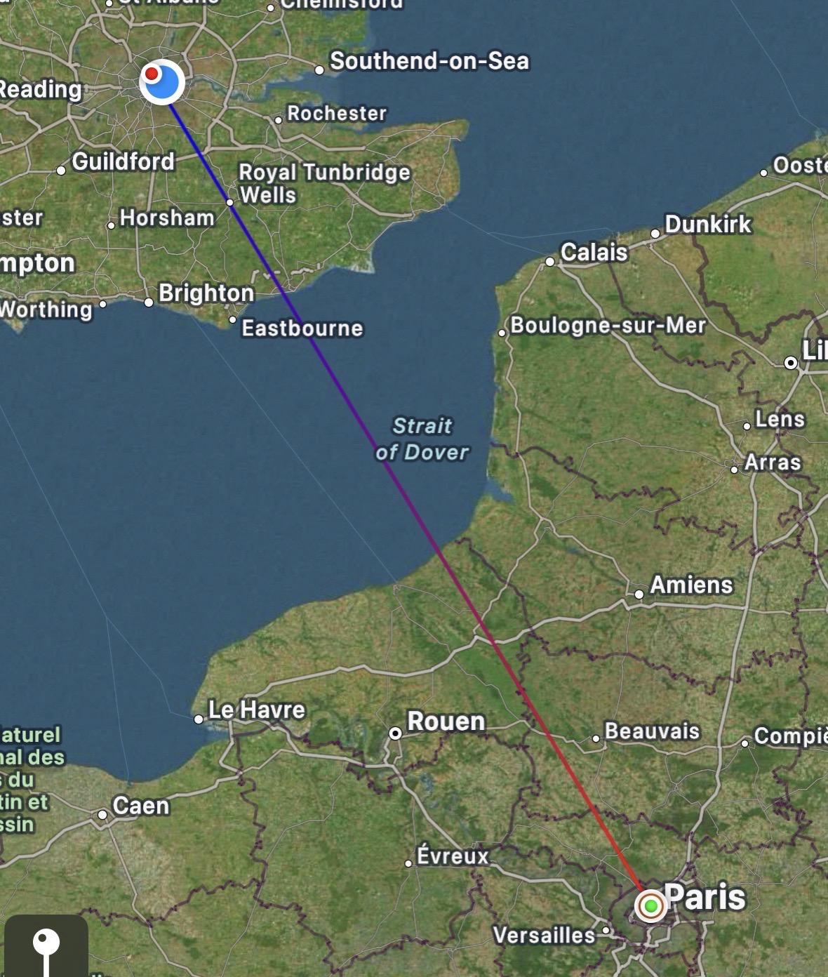 GPS track log of the train journey from Paris to London, only the GPS tracker glitched, so it's a perfectly straight line between the two cities.