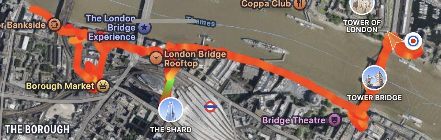GPS track log map out our morning walk across (and into) Tower Bridge then along the Thames and back.