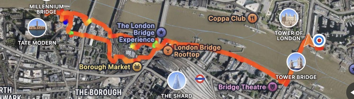 GPS track log map of our evening walk across the Tower Bridge and to the Globe and back.