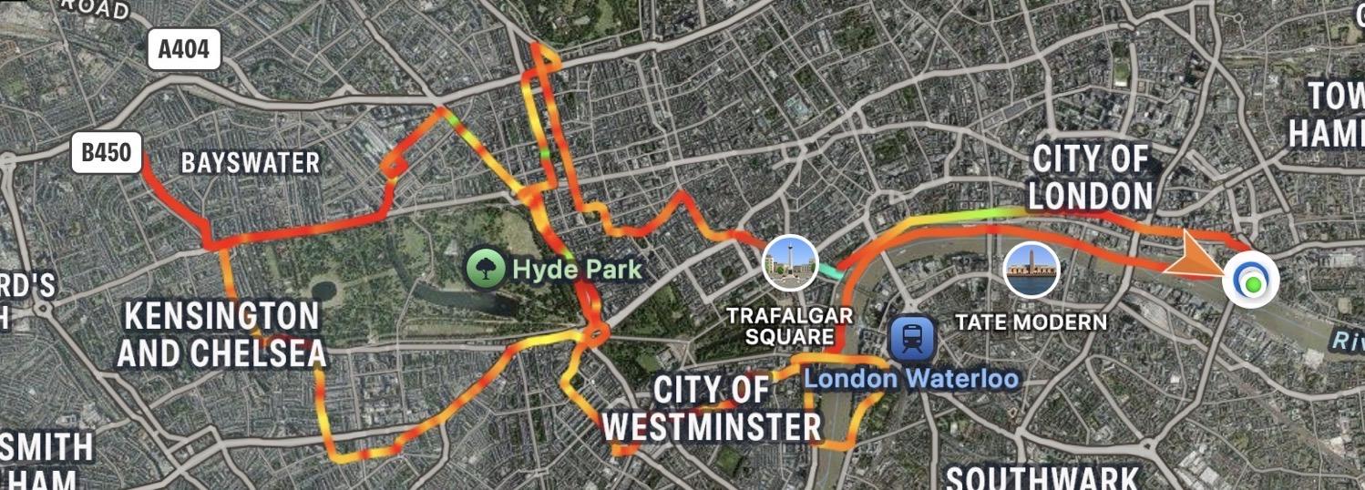 GPS track log map of our boat, bus, foot, and tube journeys around London, from the Tower Bridge out to Portobello Road.